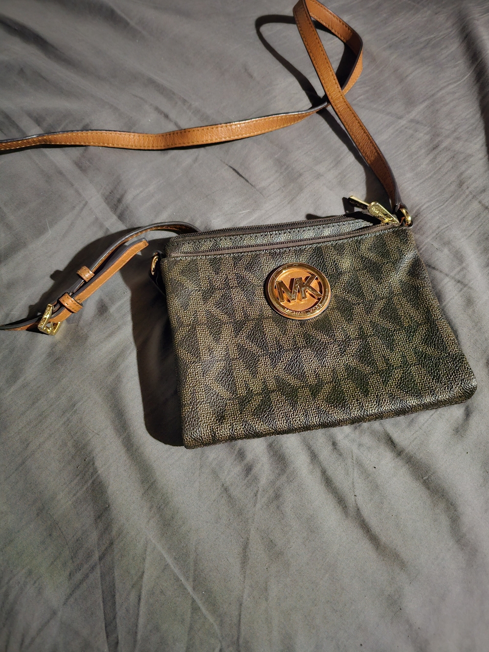 Michael Kors Brown Logo-Print Crossbody with Tan Strap